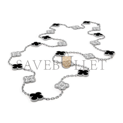VAN CLEEF ARPELS VINTAGE ALHAMBRA LONG NECKLACE, 20 MOTIFS - WHITE GOLD, DIAMOND, ONYX VCARP2R800