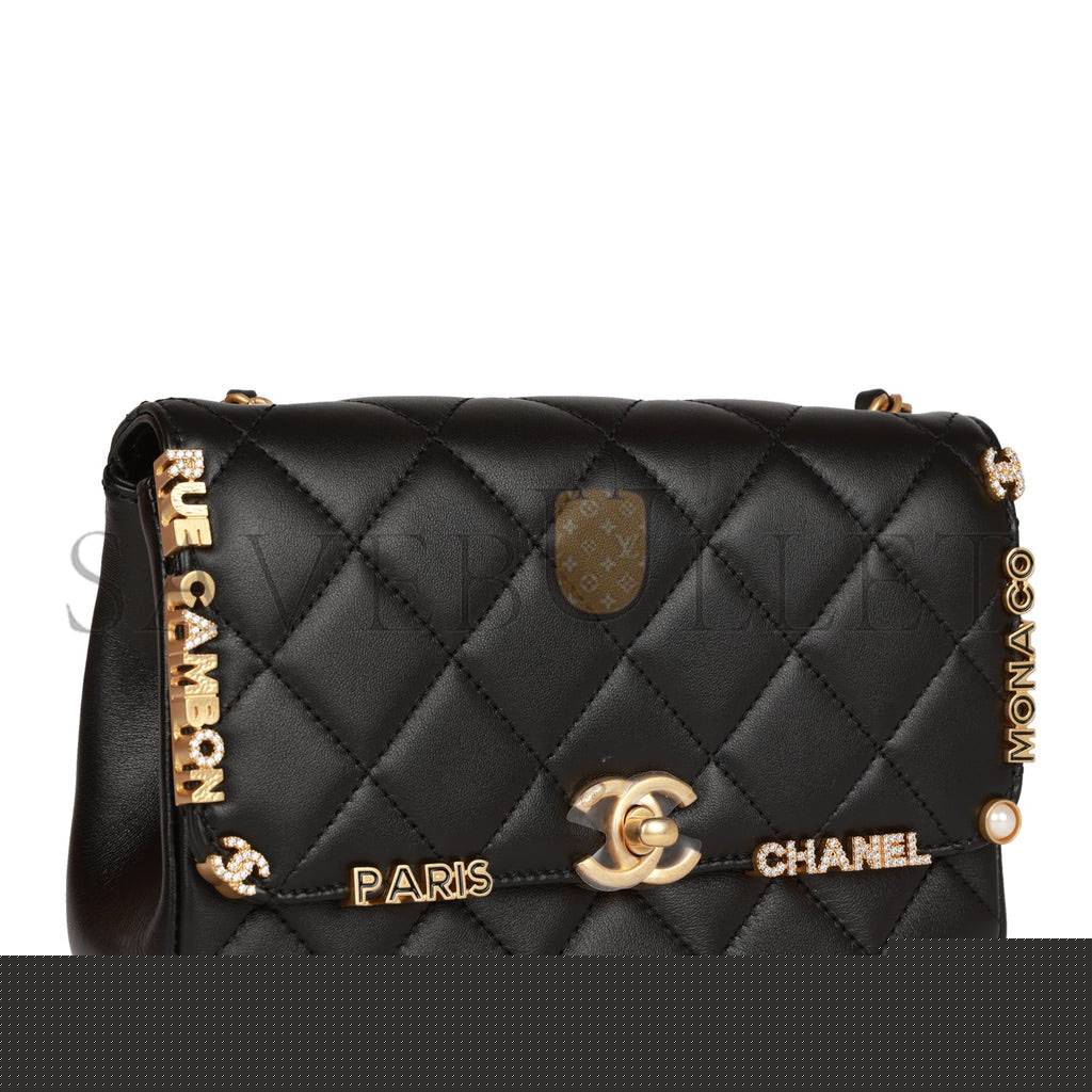 Ch*el monaco mini flap bag black lambskin antique gold hardware (19*13*8cm)
