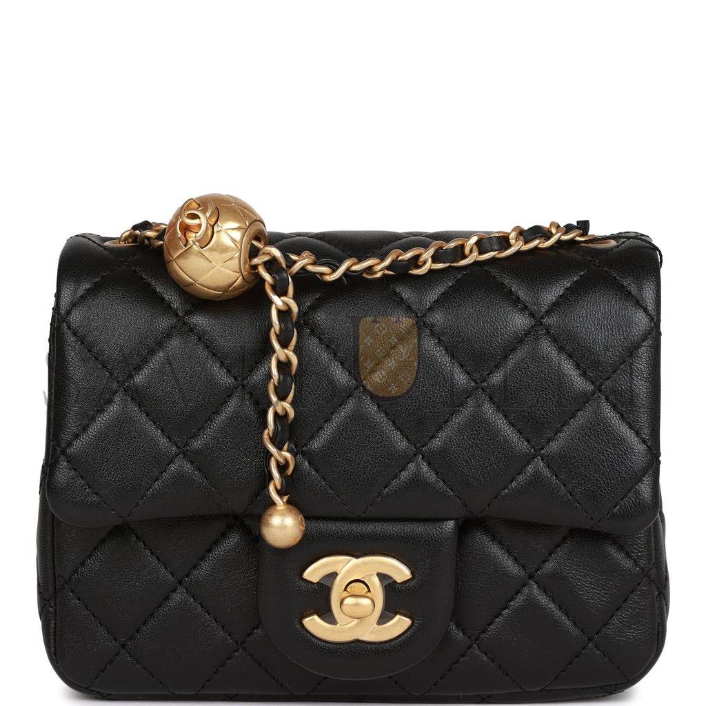 Ch*el pearl crush mini square flap bag black lambskin antique gold hardware  (17*14*8cm)