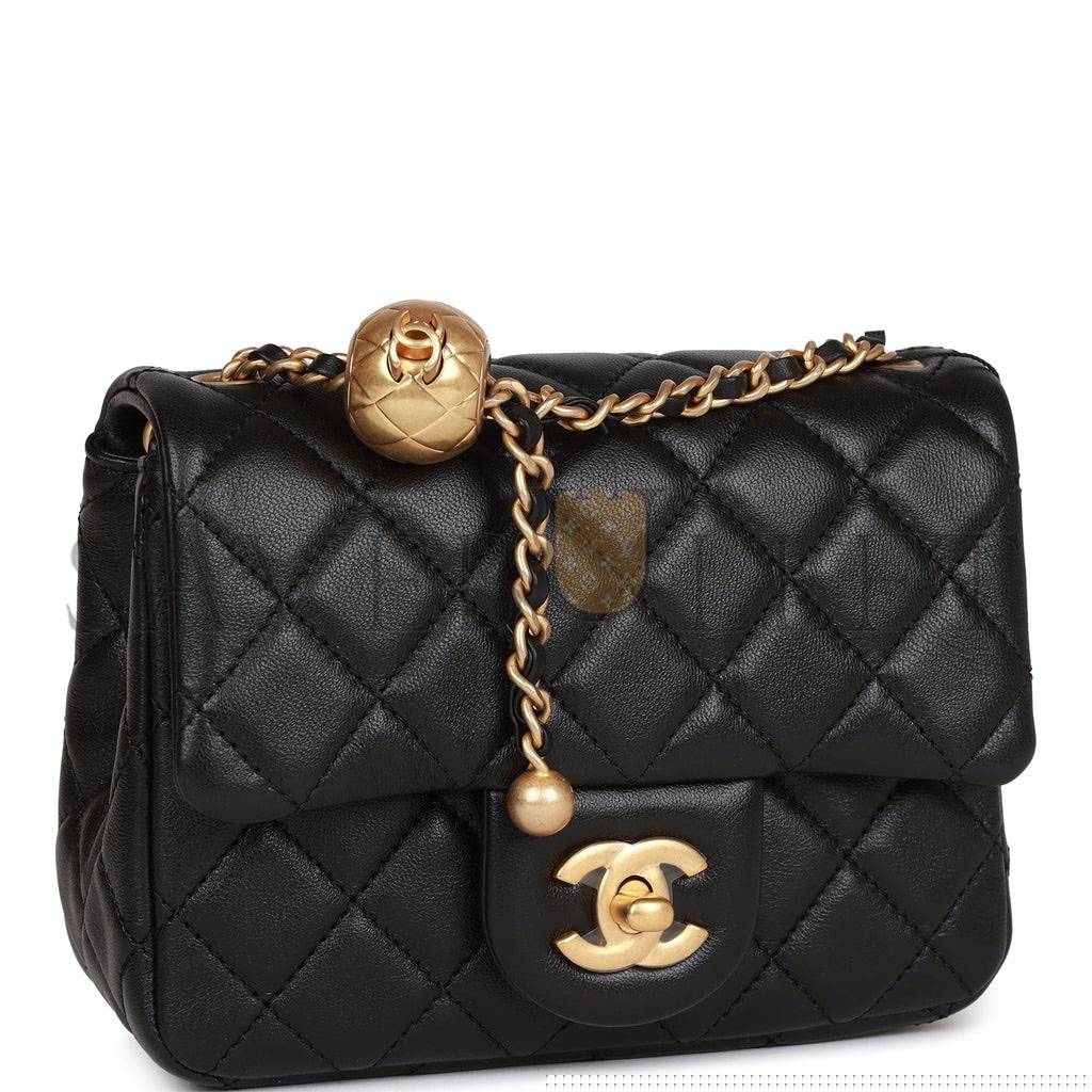 Ch*el pearl crush mini square flap bag black lambskin antique gold hardware  (17*14*8cm)
