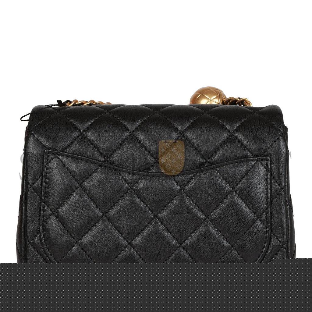 Ch*el pearl crush mini square flap bag black lambskin antique gold hardware  (17*14*8cm)