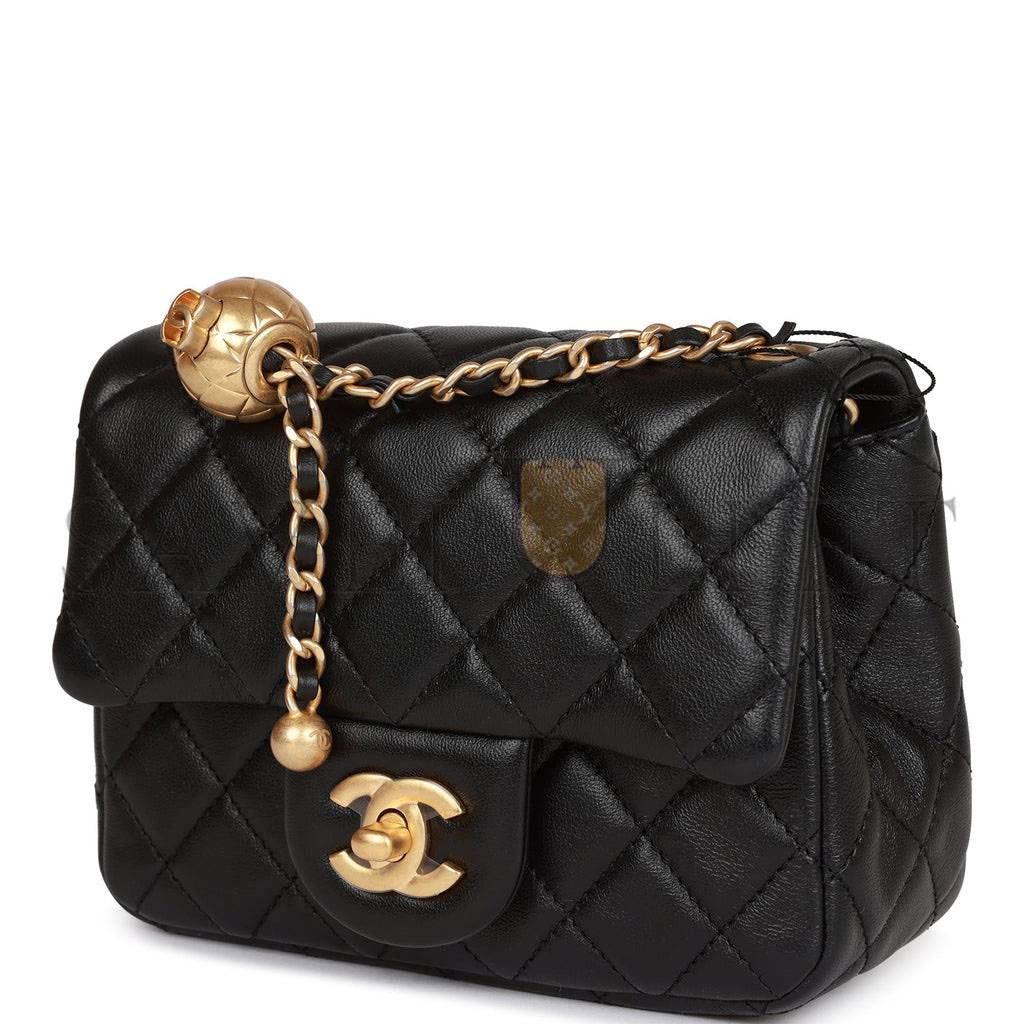 Ch*el pearl crush mini square flap bag black lambskin antique gold hardware  (17*14*8cm)