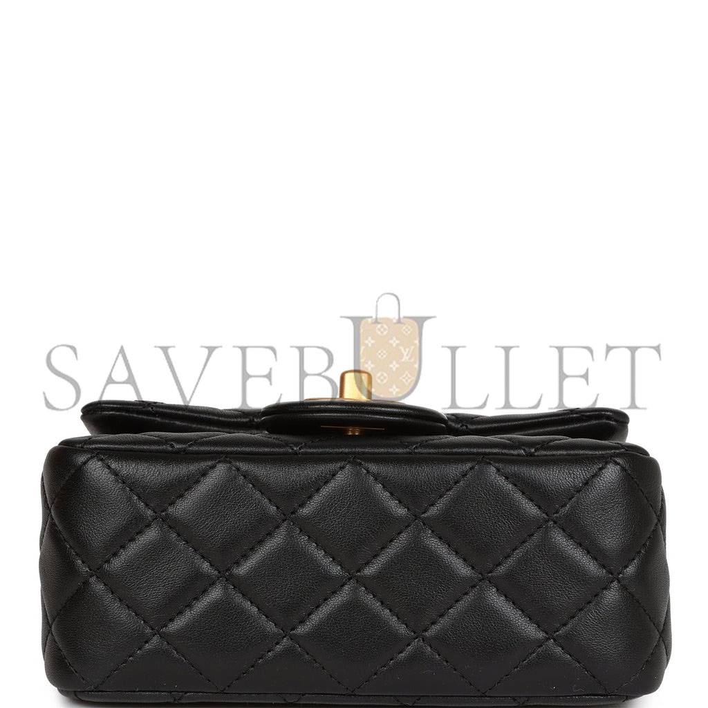 Ch*el pearl crush mini square flap bag black lambskin antique gold hardware  (17*14*8cm)
