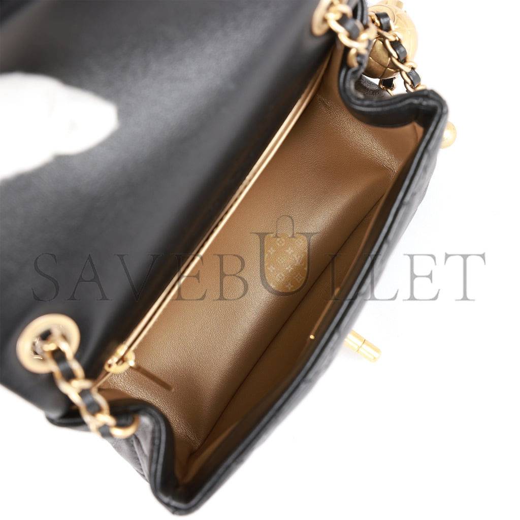Ch*el pearl crush mini square flap bag black lambskin antique gold hardware  (17*14*8cm)